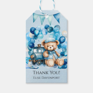 Nalle Blue Tåg Boy Baby Shower Tack Presentetikett
