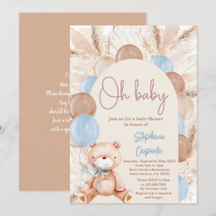 Nalle Boho Pampas Baby dusch Boy-inbjudan Inbjudningar