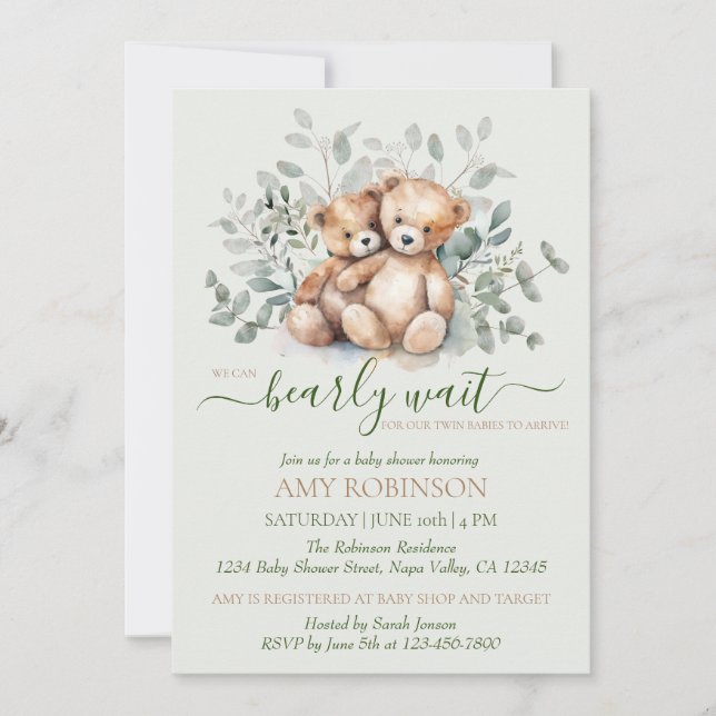 Nalle Boho Twin Gender Neutral Baby Shower Inbjudningar (Framsida)