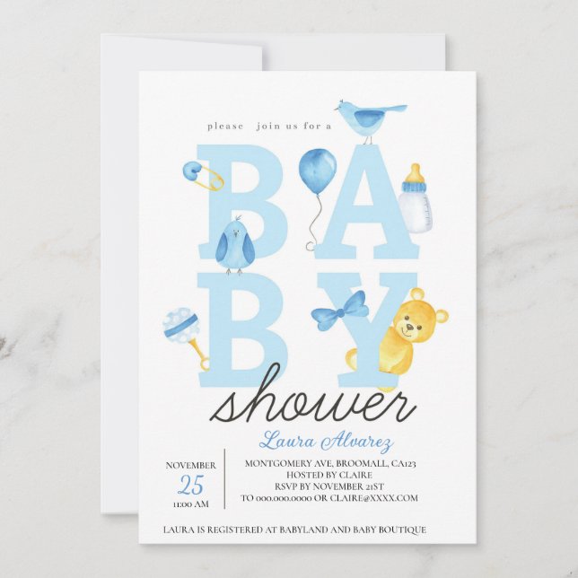 Nalle Boy Baby Shower Inbjudningar (Framsida)