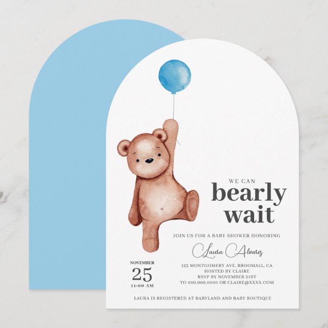 Nalle Boy Baby Shower Inbjudningar (Fram/baksida)