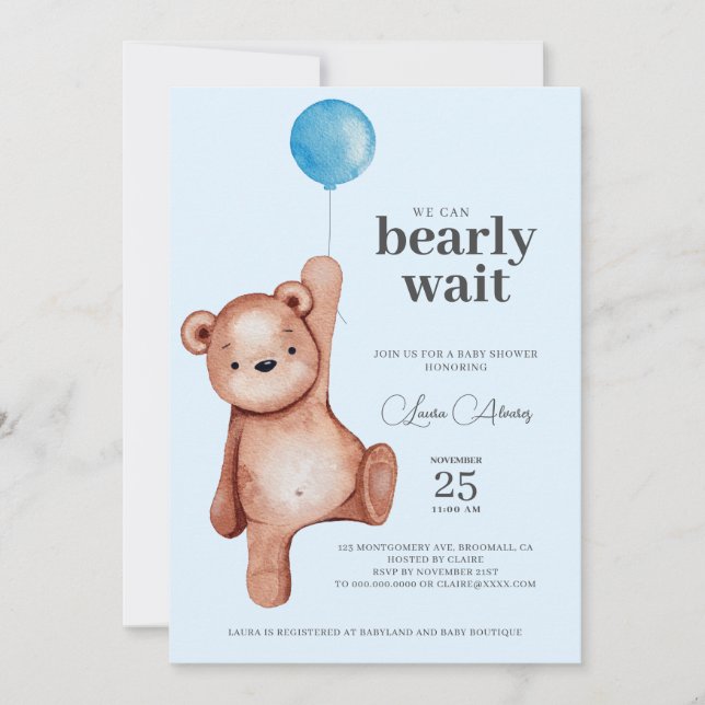 Nalle Boy Baby Shower Inbjudningar (Framsida)