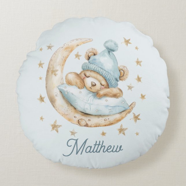 Nalle Boy Blankets Måne Stars Namn Blue Rund Kudde (Framsidan)