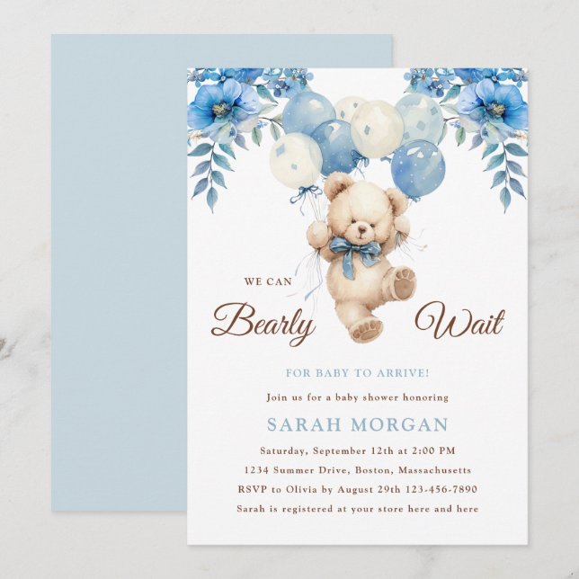 Nalle Boy Blue | Boho Barly Wait Baby Shower Inbjudningar (Fram/baksida)