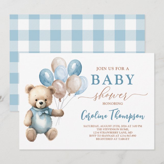 Nalle Boy Blue Play Pastel Baby Shower Inbjudningar (Fram/baksida)