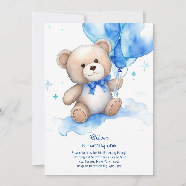 Nalle Boy First Birthday-inbjudan Inbjudningar (Framsida)