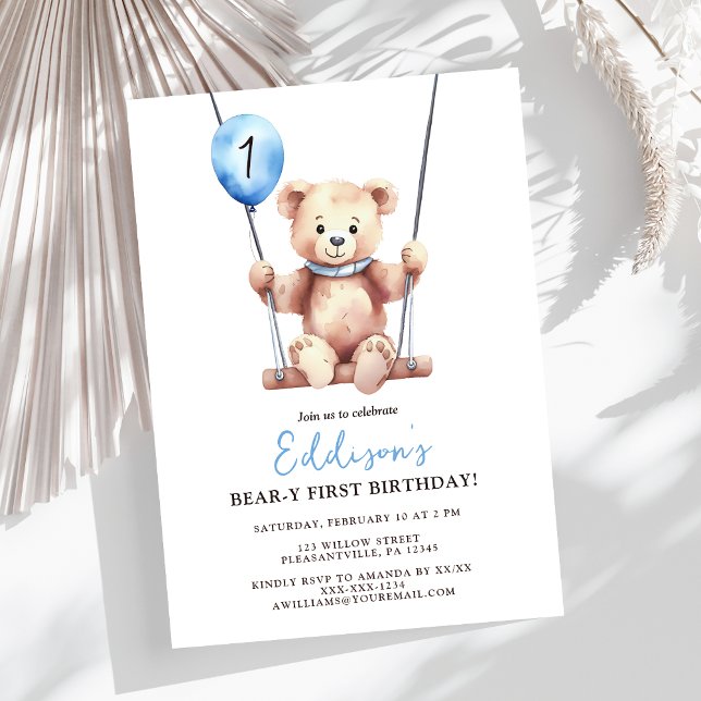 Nalle Boy First Birthday Inbjudningar (Skapare uppladdad)