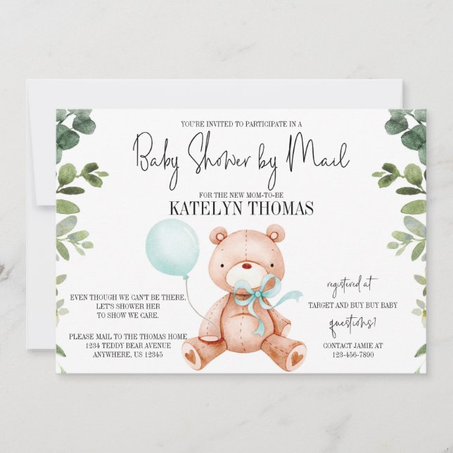 Nalle Boy Greenery Baby Shower by Mail Inbjudningar (Framsida)