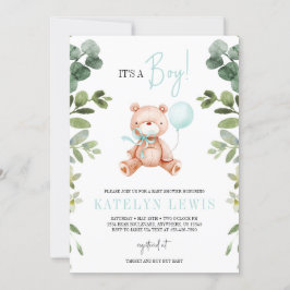 Nalle Boy Greenery Baby Shower Inbjudningar