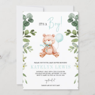 Nalle Boy Greenery Baby Shower Inbjudningar