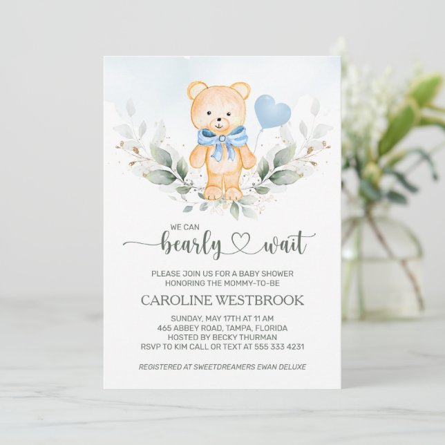 Nalle Boy Greenery Foliage Baby Shower Inbjudningar (Stående Fram)
