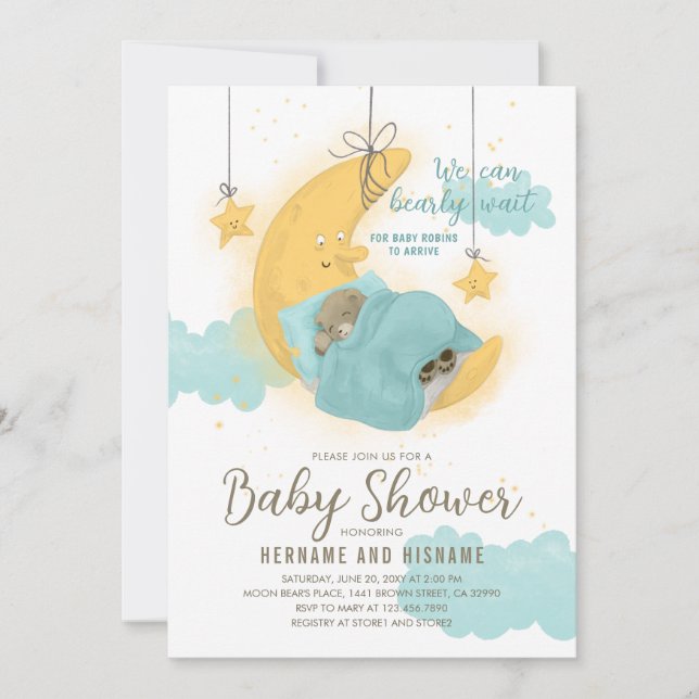 Nalle Boy Måne Stars Blue Baby Shower Inbjudningar (Framsida)