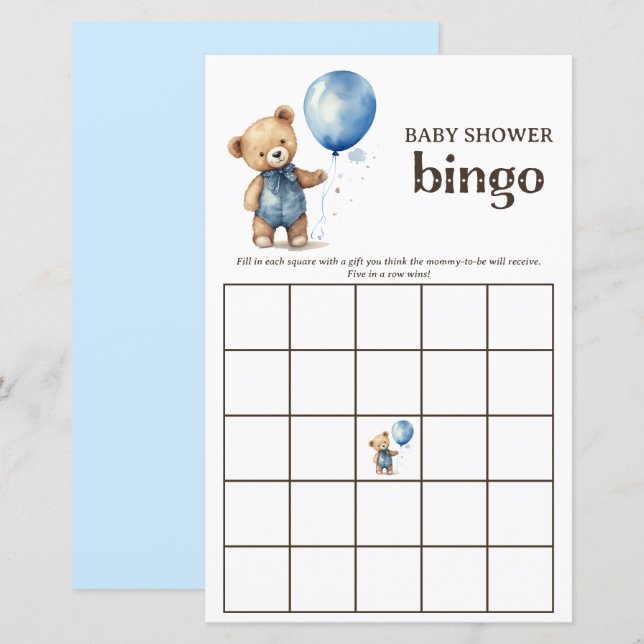 Nalle Boy Shower Bingo Game (Fram/baksida)