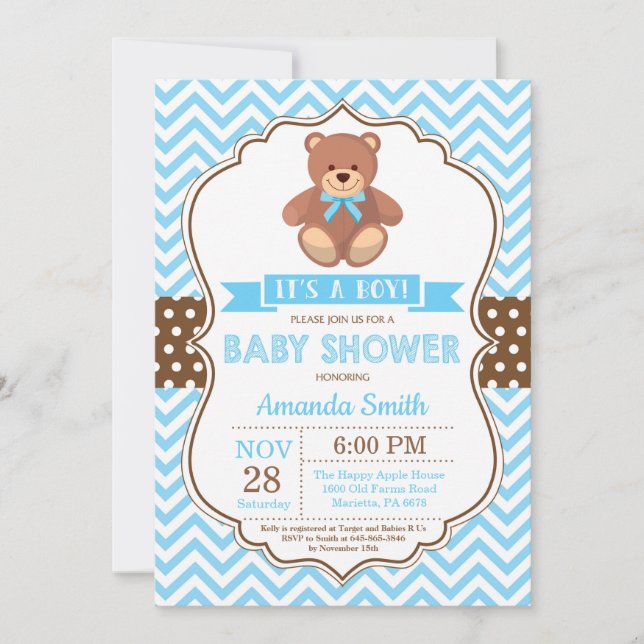 Nalle Boy Shower Blue Chevron Inbjudningar (Framsida)