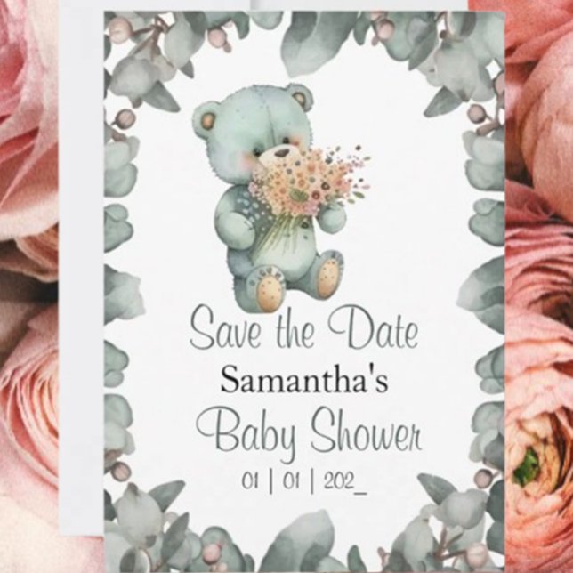 Nalle Boy Watercolor Baby Shower Inbjudningar (Featuring a charming teddy bear and floral accents, it's the perfect way to invite loved ones to wel)