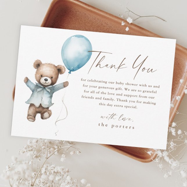 Nalle Boys Baby Shower Tack Kort (Teddy Bear Boys Baby Shower Thank You Cards.)