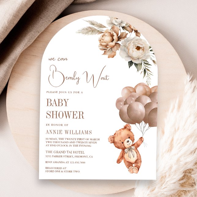 Nalle Brown Balloons Blommigt Arch Baby Shower Inbjudningar (Skapare uppladdad)
