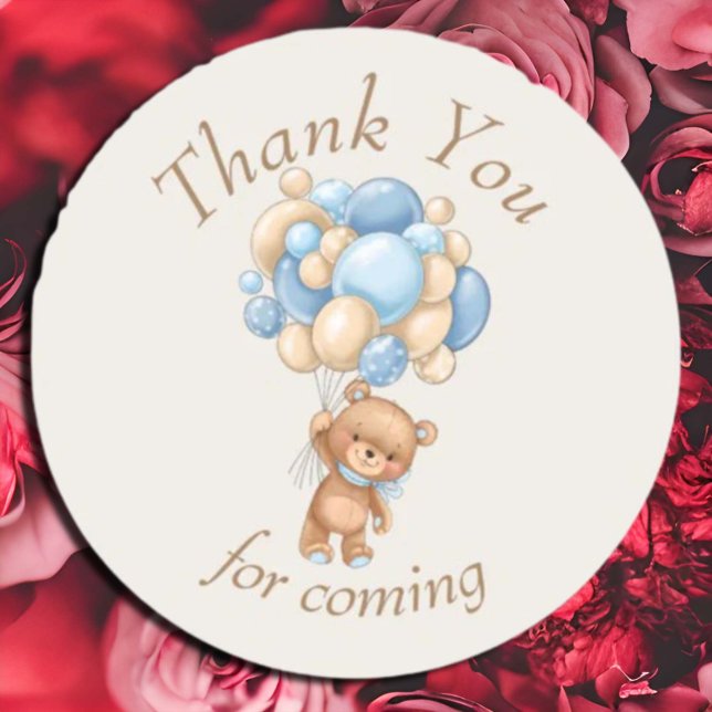 Nalle Brown Balloons Tack Runt Klistermärke (elegant, rustic,  boy, girl,  gender neutral ,  cute,  baby shower teddy beary cute,   )