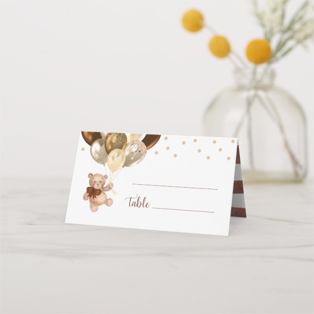 Nalle Brown och Guld Balloons Baby Shower Placeringskort (Framsida)