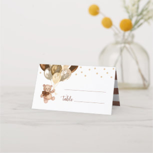 Nalle Brown och Guld Balloons Baby Shower Placeringskort