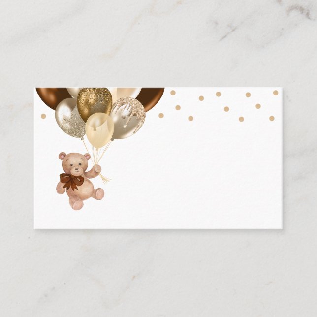 Nalle Brown och Guld Balloons Baby Shower Placeringskort (Framsida)