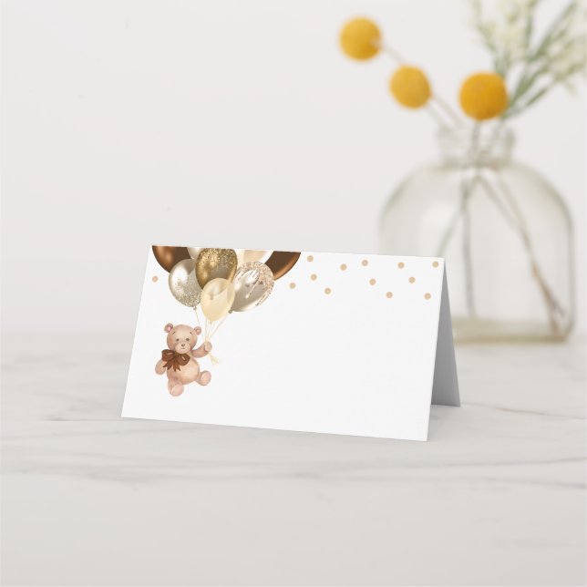 Nalle Brown och Guld Balloons Baby Shower Placeringskort (Framsida)