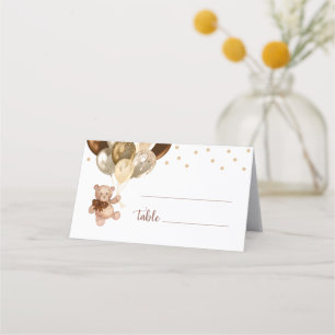 Nalle Brown och Guld Balloons Baby Shower Placeringskort