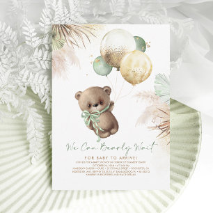 Nalle Brown Sage Grönt Ballons Baby Shower Inbjudningar