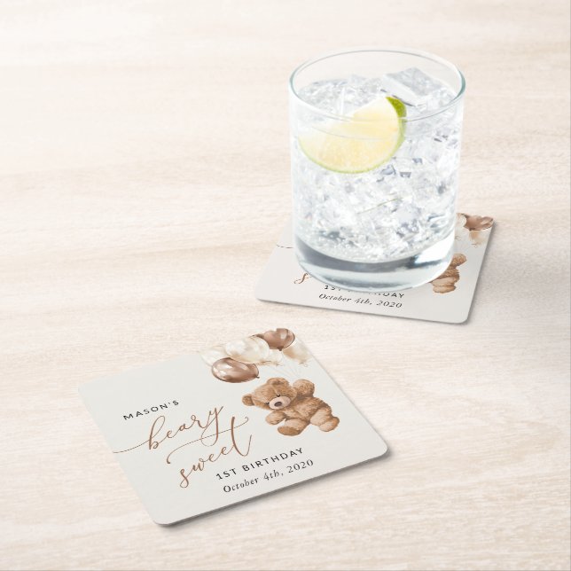 Nalle, Brun ballonger, första födelsedagen Underlägg Papper Kvadrat (Insitu)