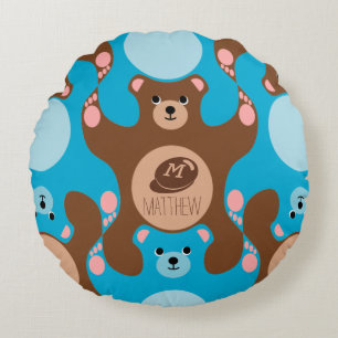Nalle brun blå Monogram Kid Round Pillow Rund Kudde