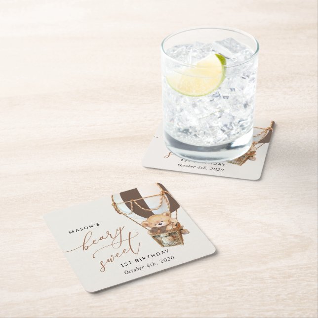 Nalle, brun Luftballong, första födelsedagen Underlägg Papper Kvadrat (Insitu)