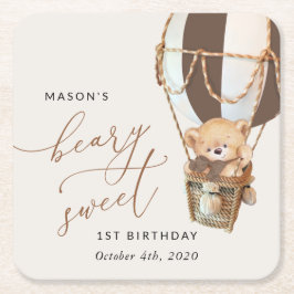 Nalle, brun Luftballong, första födelsedagen Underlägg Papper Kvadrat