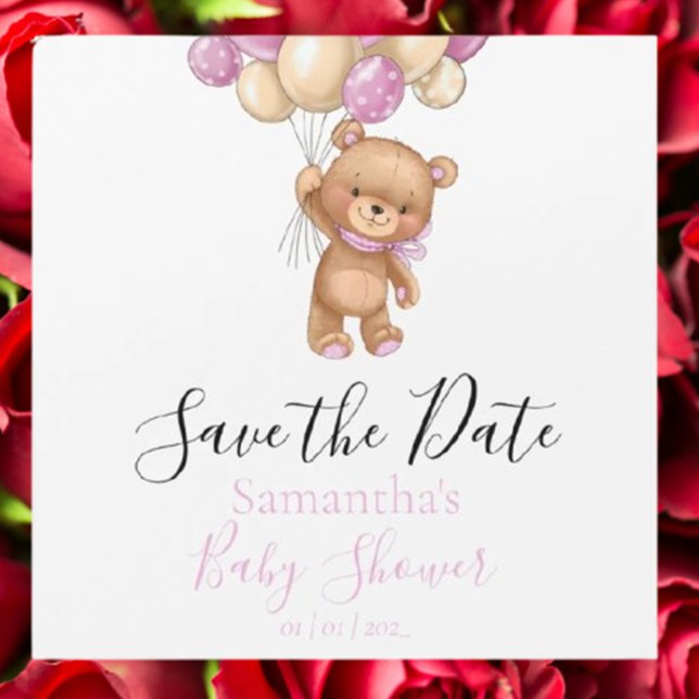 Nalle Bubblon Rosa Baby Shower Spara datum (Celebrate your special day with our Teddy Bear Balloon Pink Baby Shower Save the Date)