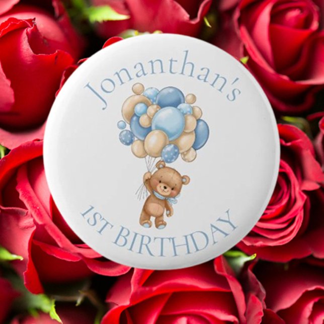 Nalle Bubblor 1:a födelsedag Knapp (Celebrate your baby's first birthday with an adorable blue teddy bear balloons button)