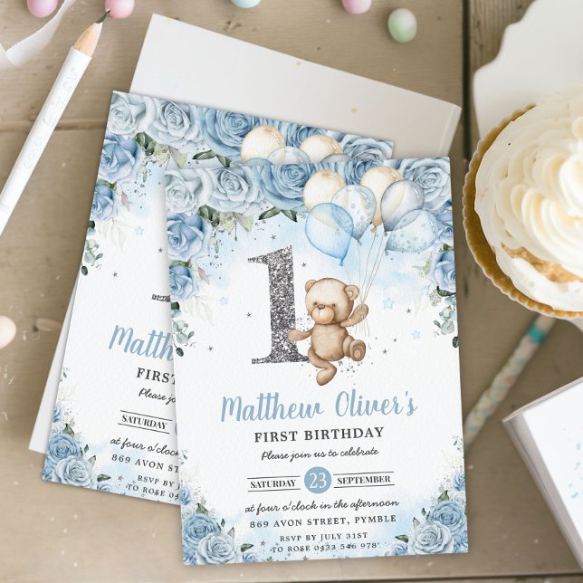 Nalle Bubblor Blommigt 1:a födelsedag Inbjudningar (Skapare uppladdad)