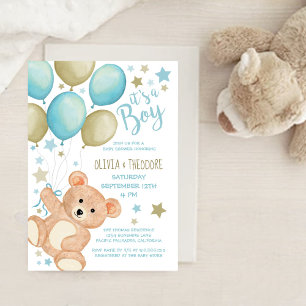 Nalle Bubblor Blue Guld Boy Shower Inbjudningar