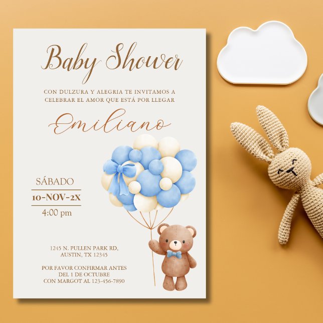 Nalle - Bubblor för spanska babyskor Inbjudningar (Teddy Bear Spanish Baby Shower Balloons Invitation)