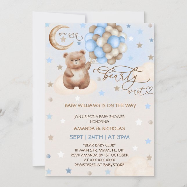 Nalle Bubblor Whimsical Blue Boy Baby Shower Inbjudningar (Framsida)