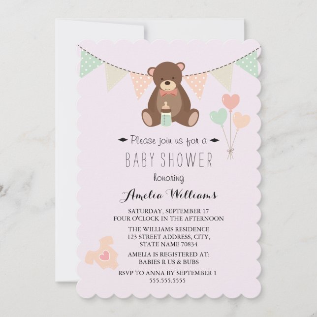 Nalle Bunting Girl Baby Shower Inbjudan (Framsida)