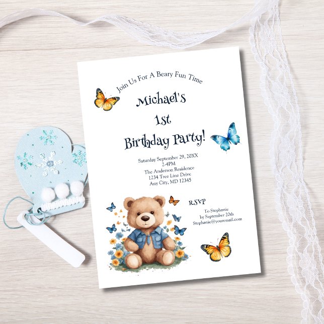 Nalle Butterflies Pojke 1:a födelsedagen Party Inbjudningar (Teddy Bear Butterflies 1st Birthday Invitation Baby Boy Printed or Instant digital download )