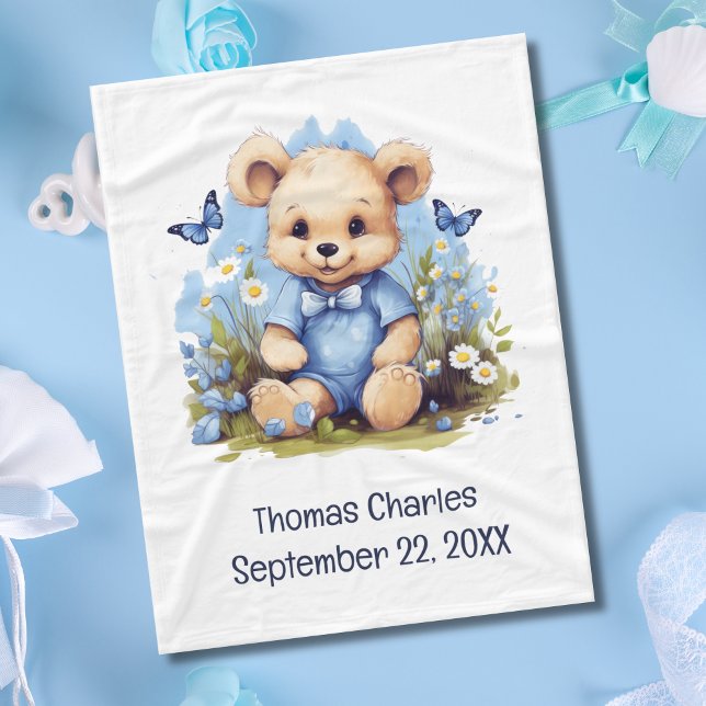 Nalle Butterfly Flowers Baby Shower Pojke Fleecefilt (Teddy Bear Baby boy Baby Blanket Personalized Monogram Birth Stats.)