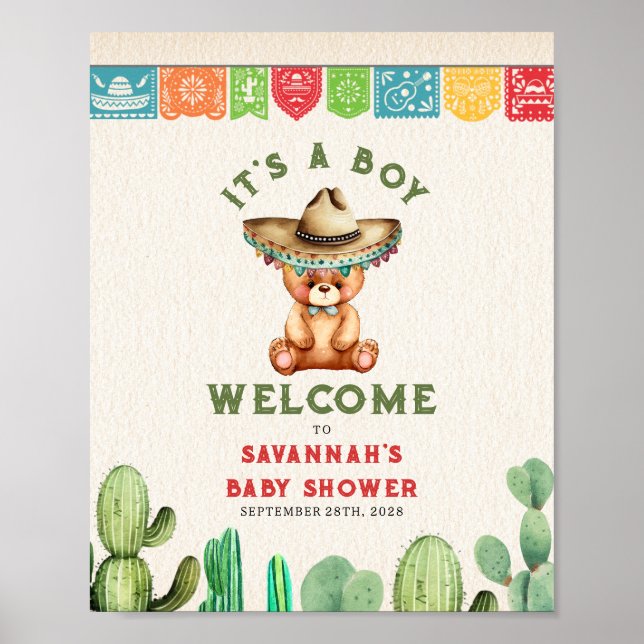 Nalle Cactus Boy Baby Shower Fiesta Poster (Framsidan)