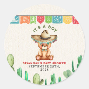 Nalle Cactus Boy Baby Shower Fiesta Runt Klistermärke