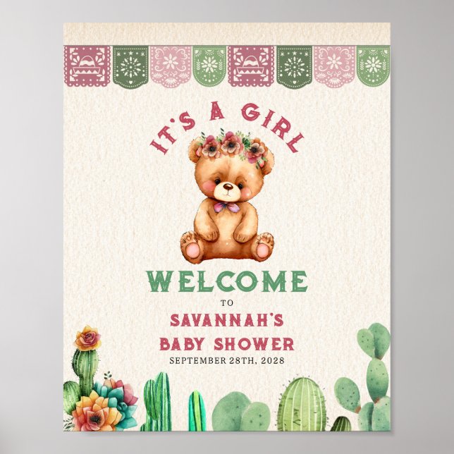 Nalle Cactus Girl Baby Shower Fiesta Poster (Framsidan)
