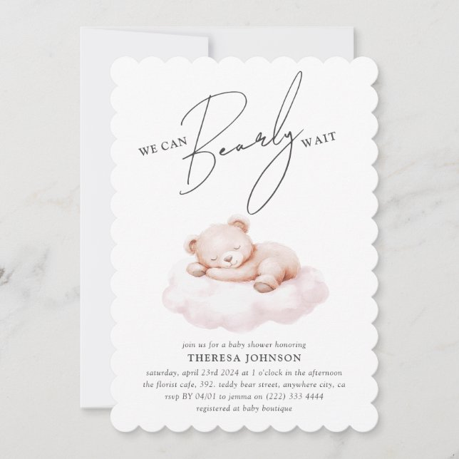 Nalle Cloud Barly Wait Girl Baby Shower Inbjudningar (Framsida)