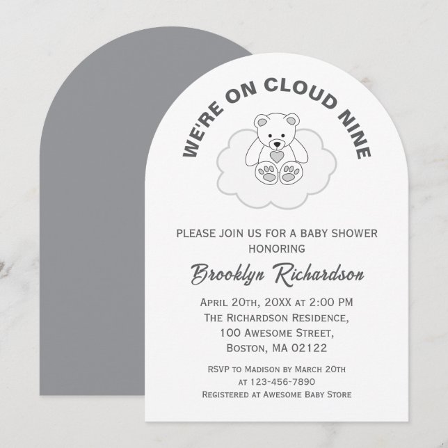 Nalle Cloud Nine Gender Neutral Baby Shower Inbjudningar (Fram/baksida)