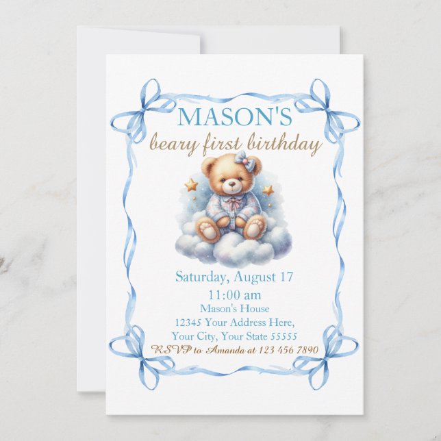 Nalle Colorful Ballon Beary First Birthday Inbjudningar (Framsida)