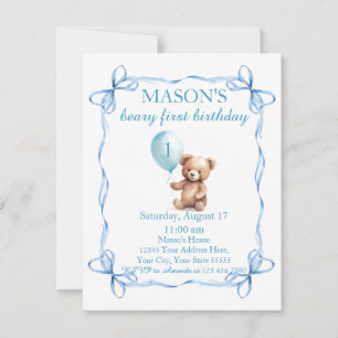 Nalle Colorful Ballon Beary First Birthday Inbjudningar