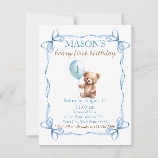 Nalle Colorful Ballon Beary First Birthday Inbjudningar (Framsida)