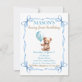 Nalle Colorful Ballon Beary First Birthday Inbjudningar